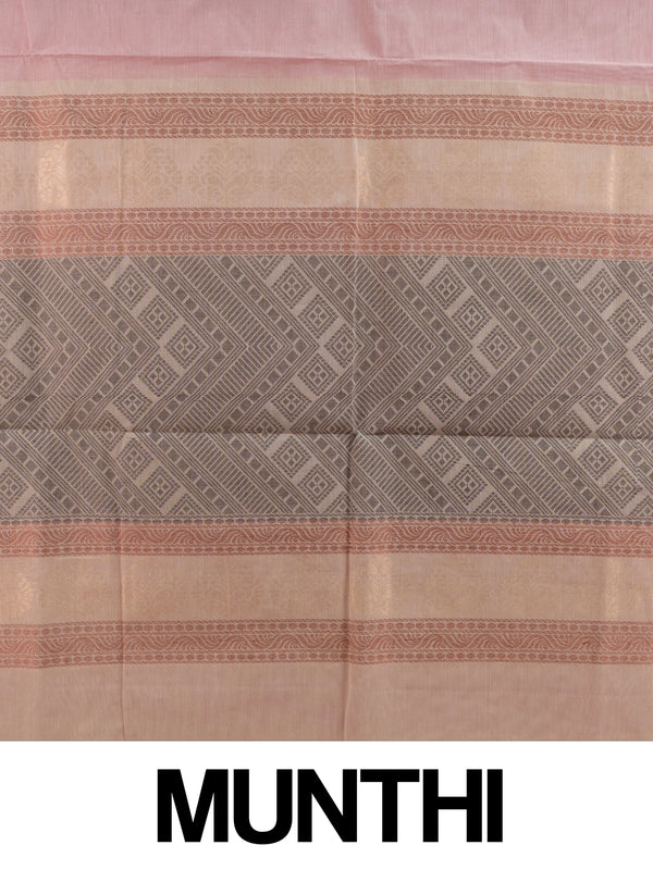 Pink and beige silk cotton saree with striped body, floral buttas and contrast geometric woven border
