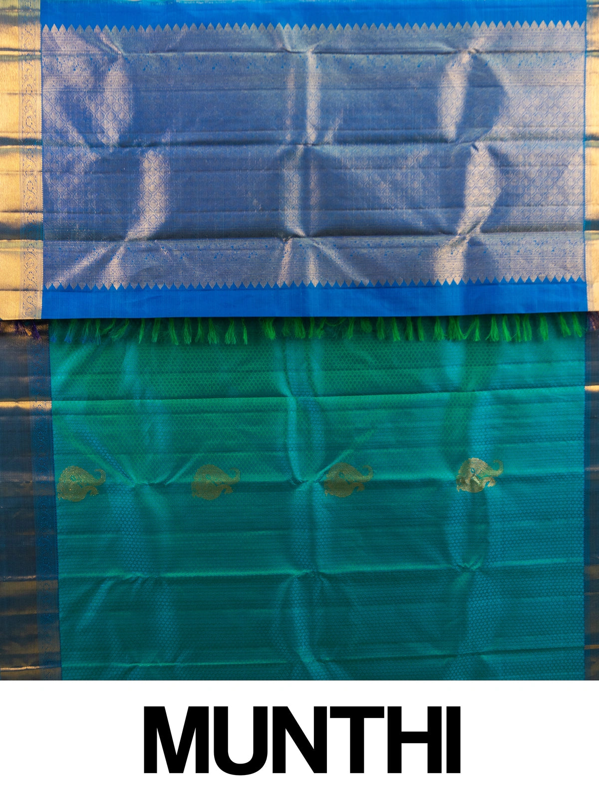 Teal green pure Kanchipuram silk saree with royal blue contrast border and gold zari paisley motifs