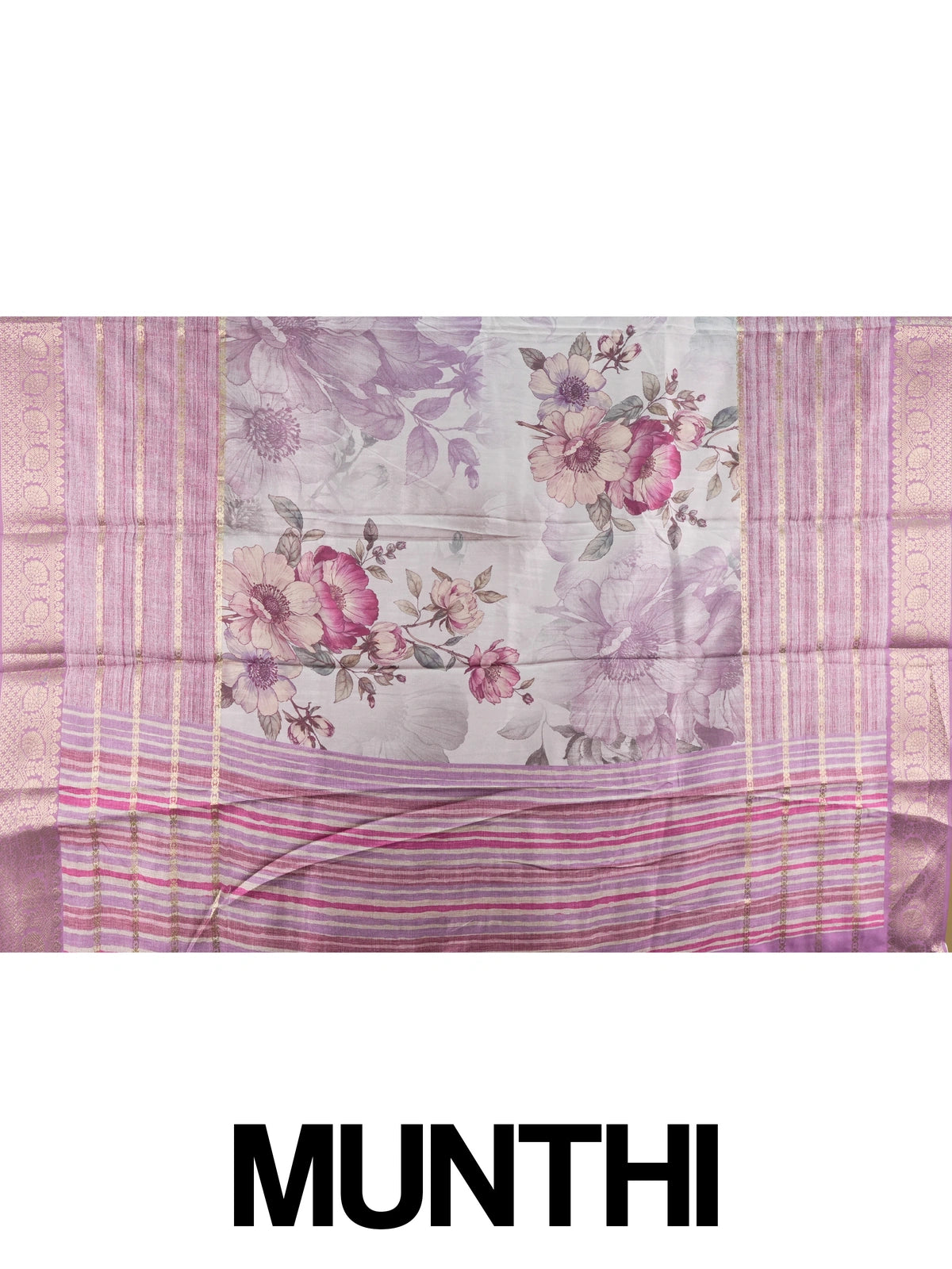 Lilac and mauve floral Dola silk saree with gold zari border and printed pallu