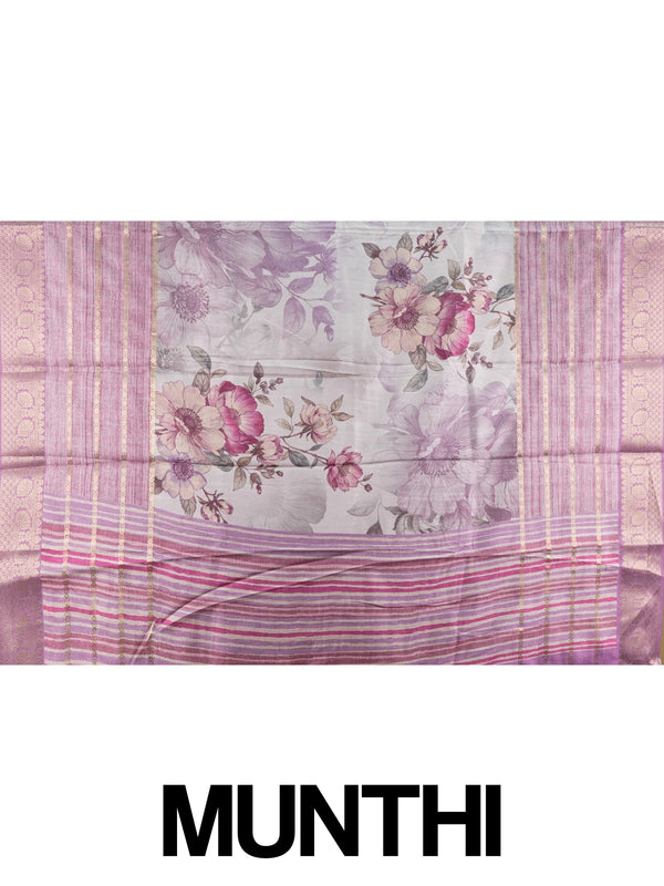 Lilac and mauve floral Dola silk saree with gold zari border and printed pallu