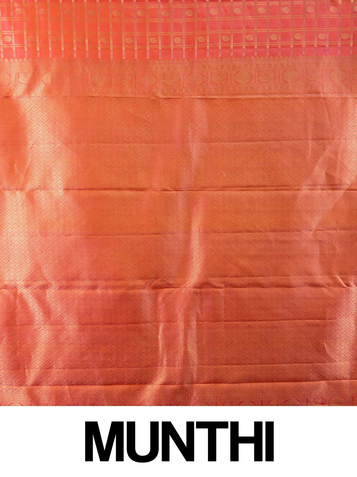Pink and orange pure Kanchipuram silk saree with gold zari checks and contrast border