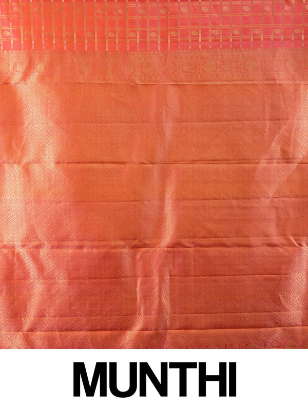 Pink and orange pure Kanchipuram silk saree with gold zari checks and contrast border