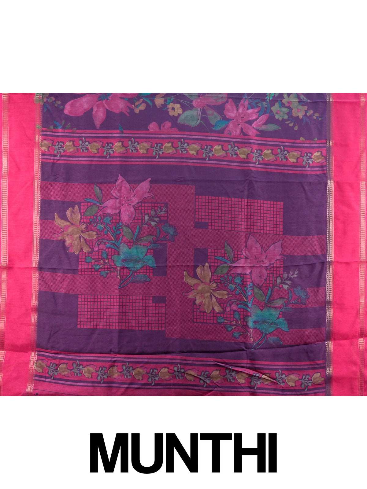 Purple Dola silk saree with pink floral print and gold zari contrast border