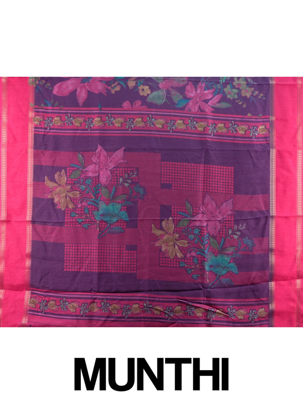 Purple Dola silk saree with pink floral print and gold zari contrast border