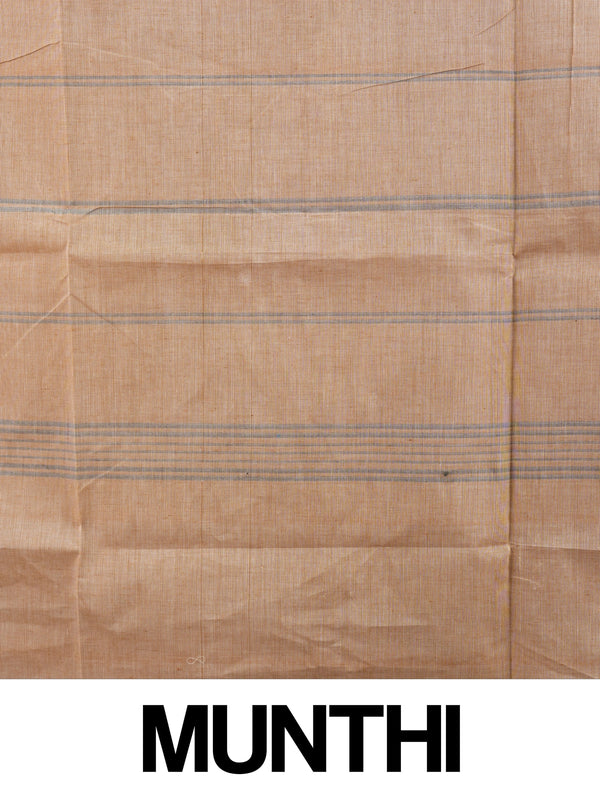Beige Chettinad cotton saree with dark brown and gold zari peacock motif border
