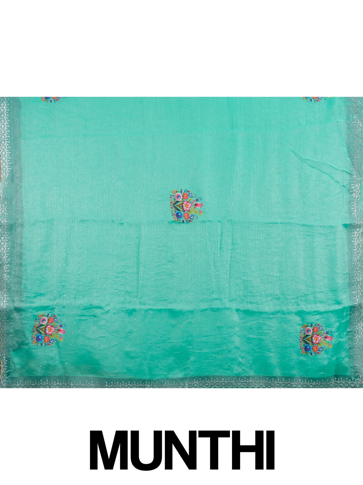 Sea green tissue designer saree with multicolour floral motifs and scalloped silver stone border