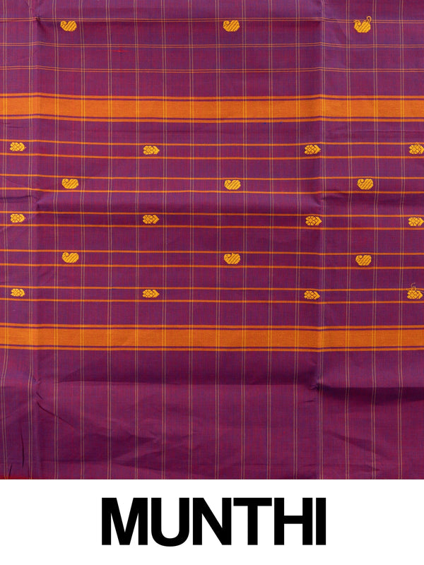 Purple Chettinad cotton saree with blue gold zari contrast border and yellow paisley buttas