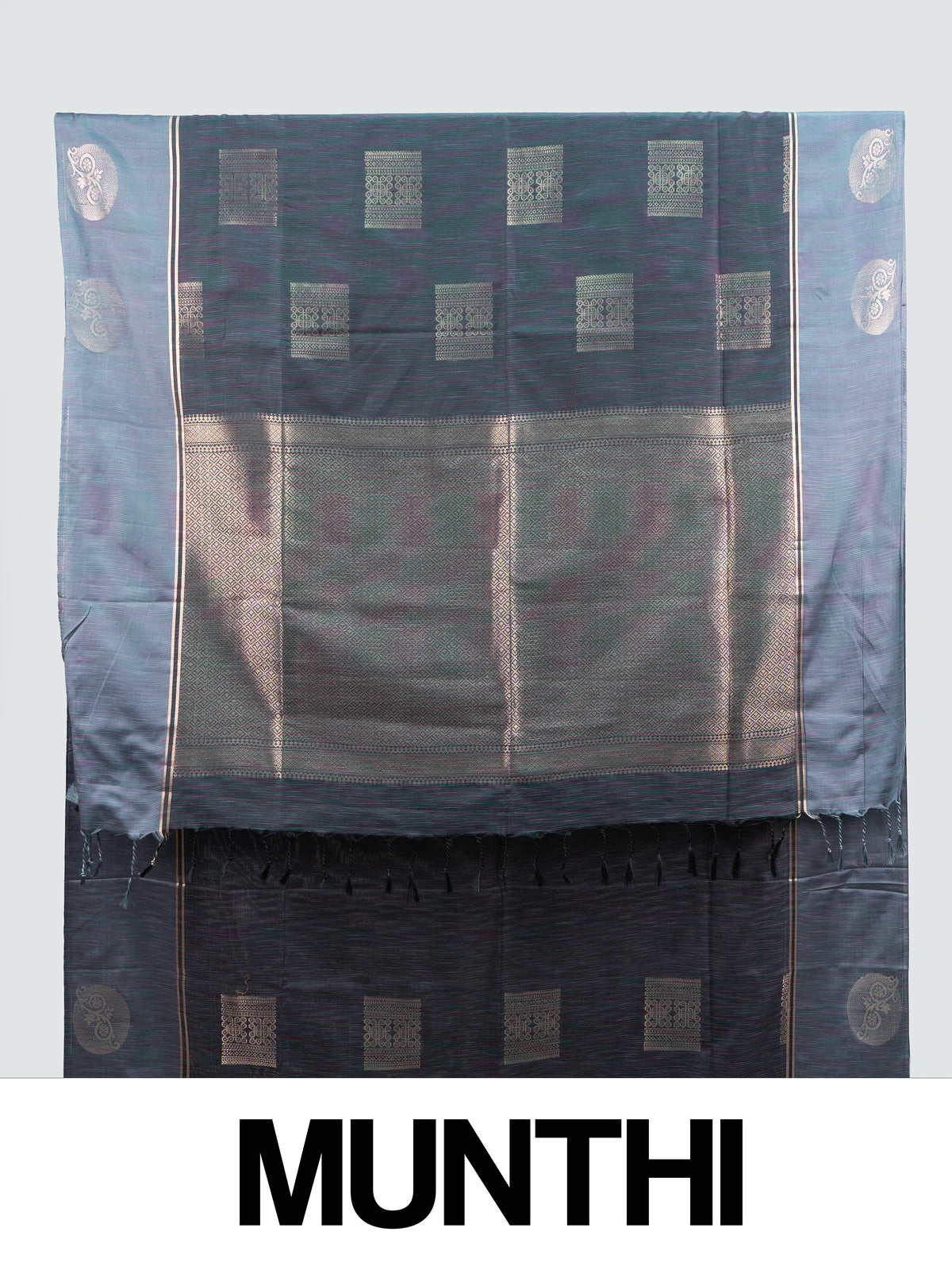 Dual-tone grey and gold Kanchipuram Fancy Silk saree with gold zari buttas and contrast zari border