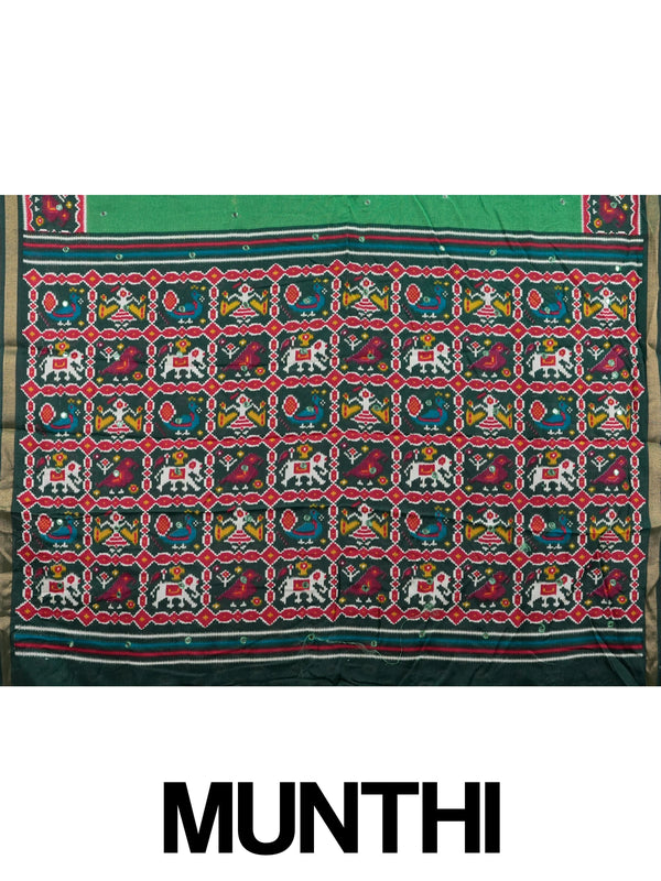 Green linen cotton saree with red patola ikat border, mirror work and multicolour pallu motifs