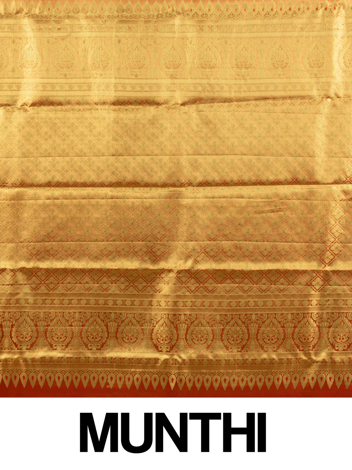 Golden mustard pure Kanchipuram silk saree with gold zari floral weave and contrast red border