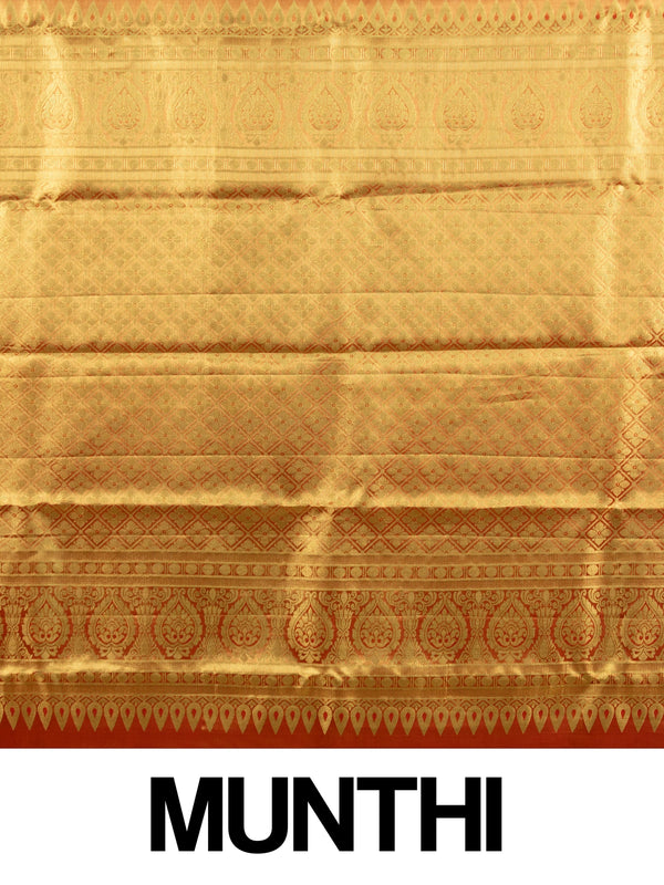 Golden mustard pure Kanchipuram silk saree with gold zari floral weave and contrast red border