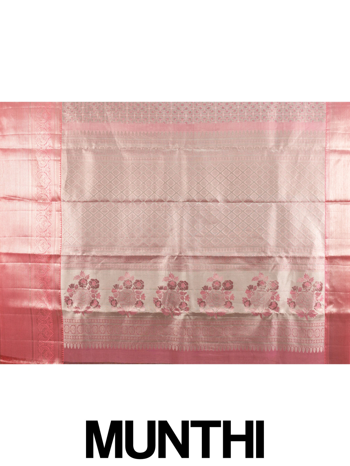 Rose pink Pure Kanchipuram silk saree with silver zari jaal body, contrast border and floral zari pallu