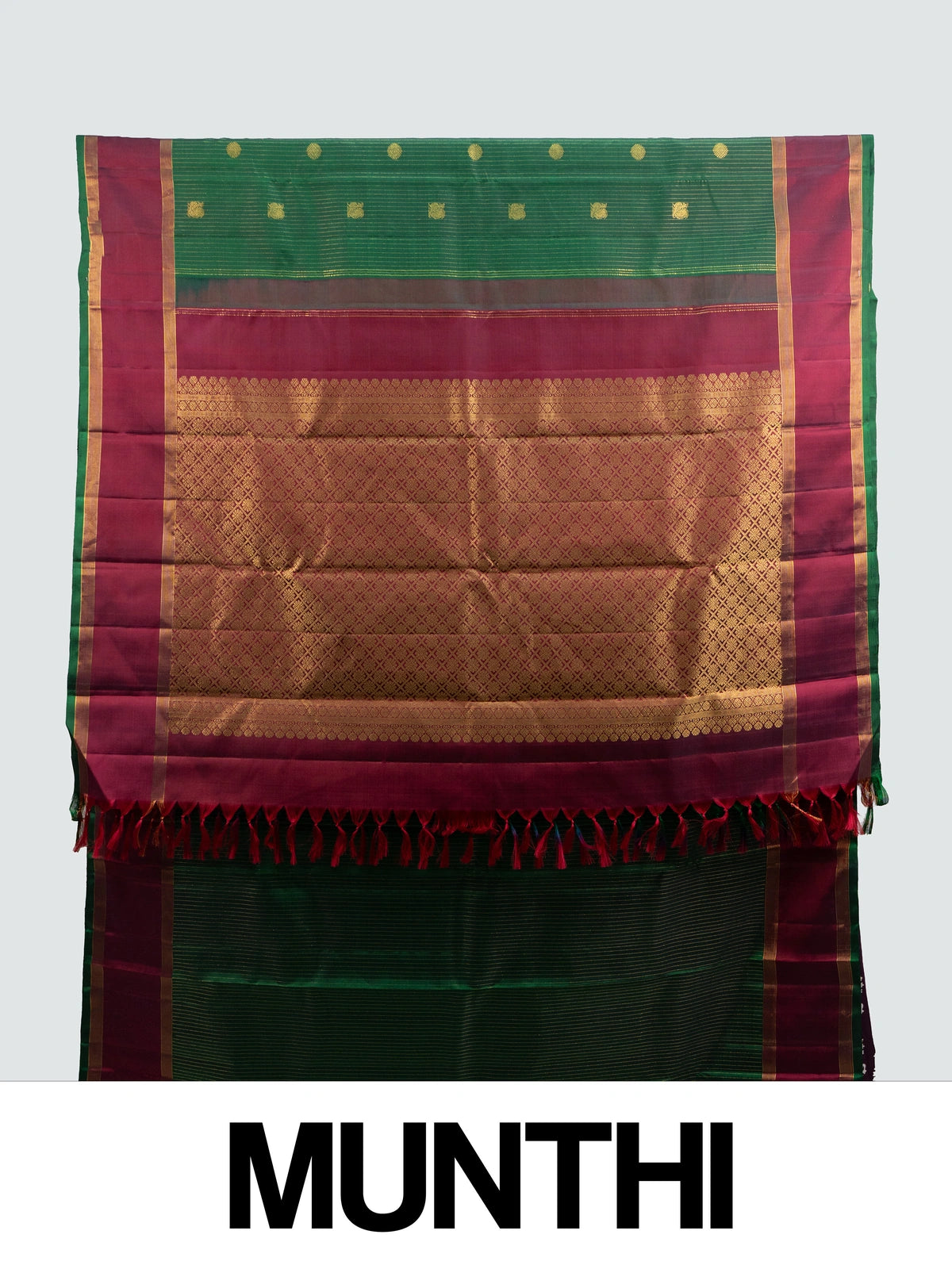Green pure Kanchipuram silk saree with contrast maroon border and gold zari brocade pallu