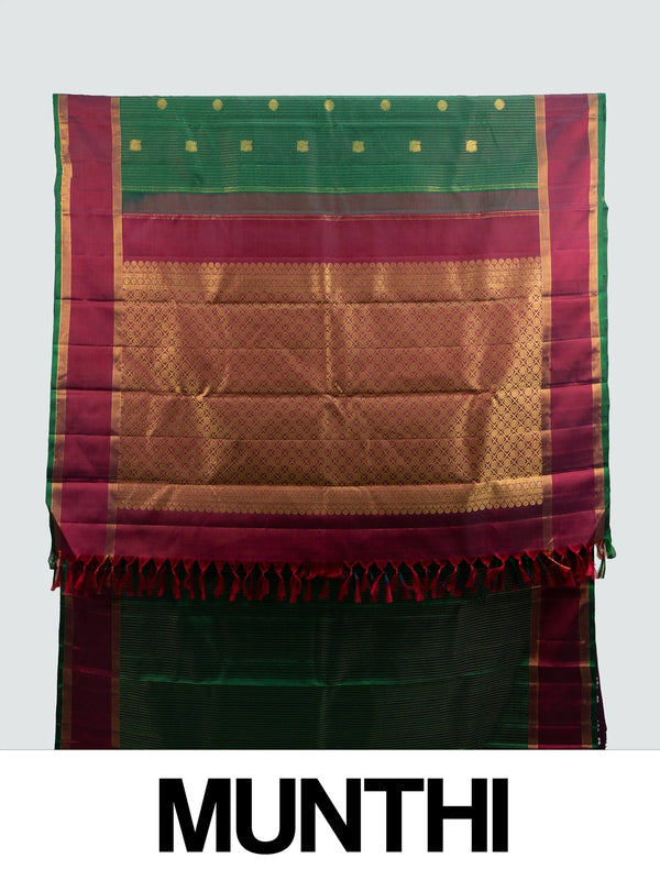 Green pure Kanchipuram silk saree with contrast maroon border and gold zari brocade pallu