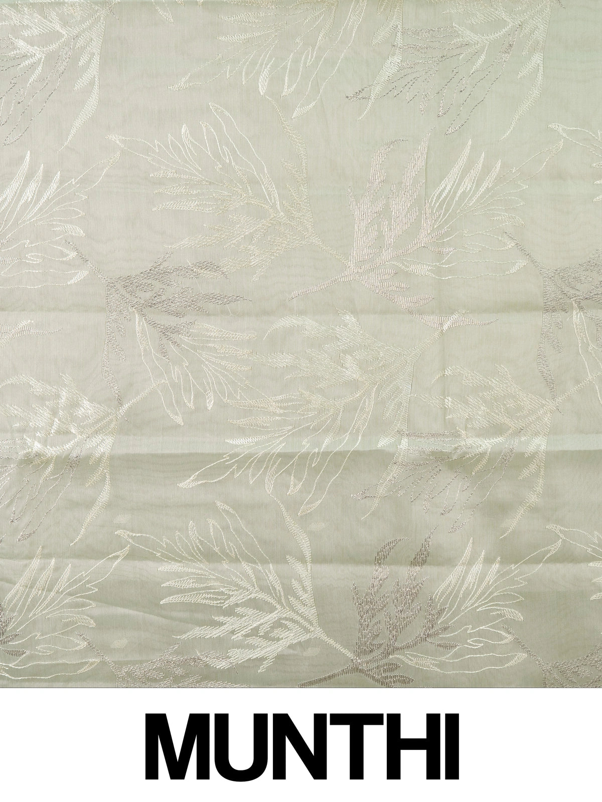 Sage green organza designer saree with white leaf embroidery and contrast yellow blouse