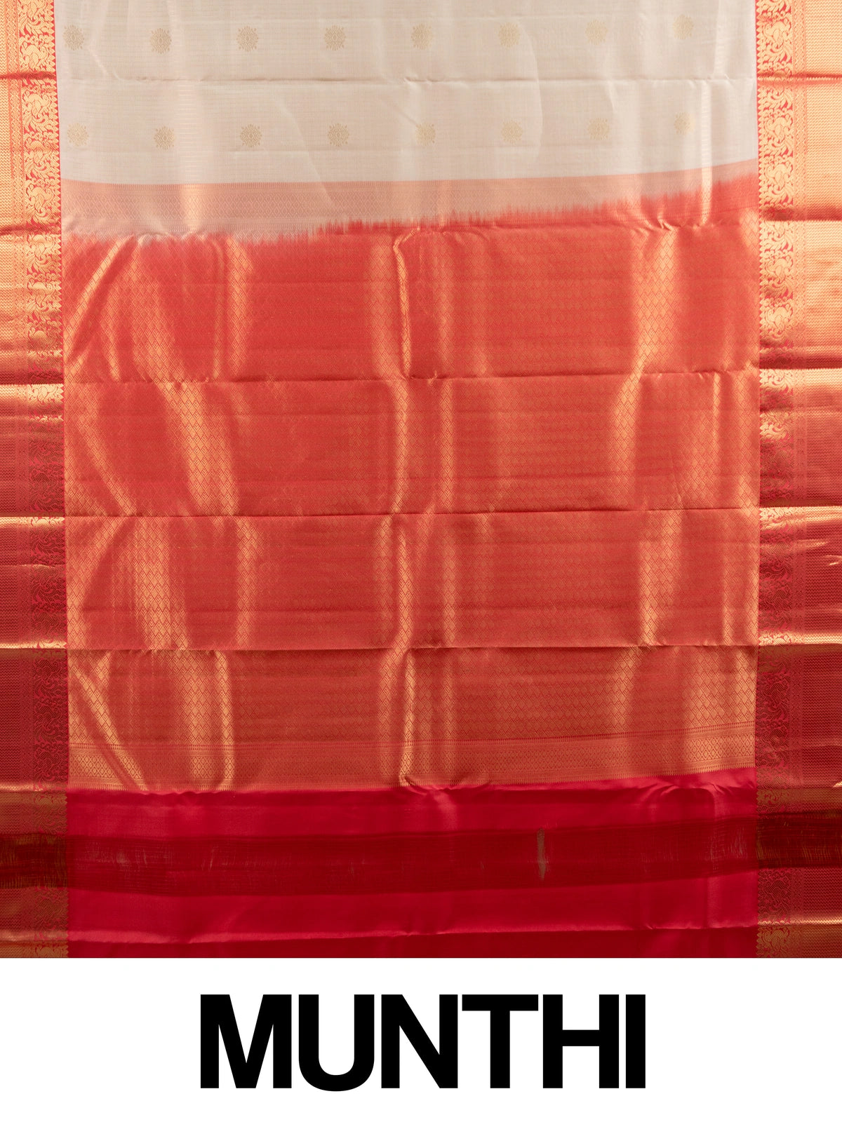 Cream and red pure Kanchipuram silk saree with gold zari border and buttas