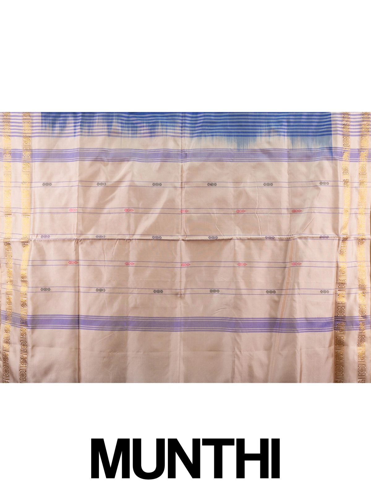 Royal blue banana silk saree with lavender-gold zari border and contrast beige striped pallu