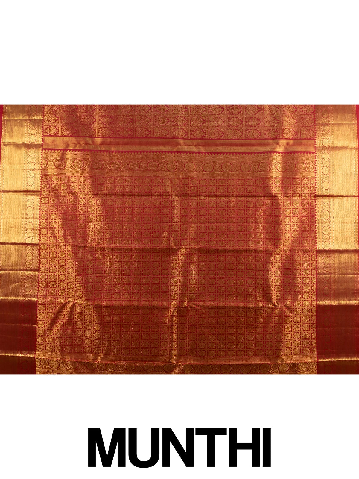 Red pure Kanchipuram silk saree with all-over gold zari brocade and wide contrast gold border