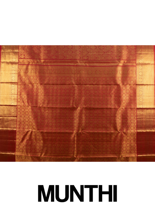 Red pure Kanchipuram silk saree with all-over gold zari brocade and wide contrast gold border
