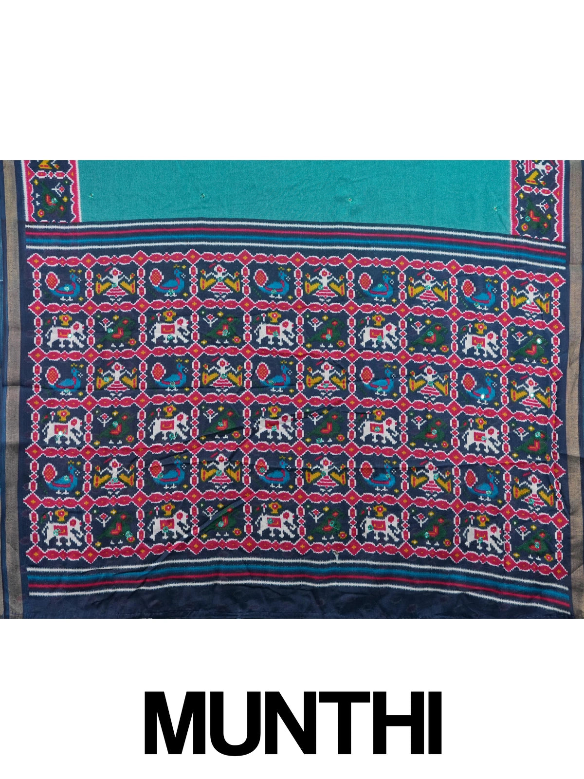 Teal linen cotton saree with navy and pink patola-style border, peacock and elephant motifs, and contrast blouse