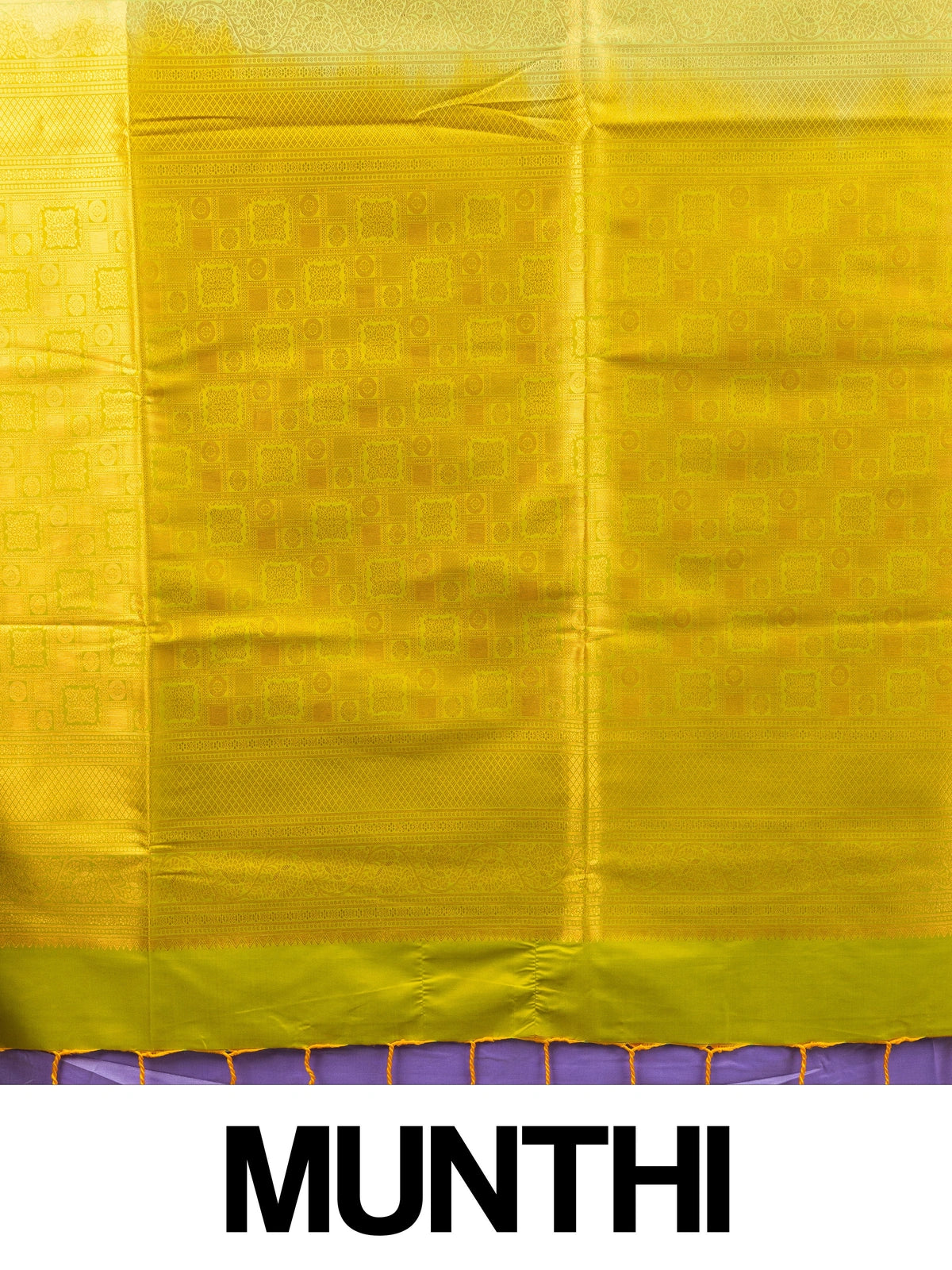 Lavender semi silk saree with contrast lime-green gold zari border and pallu