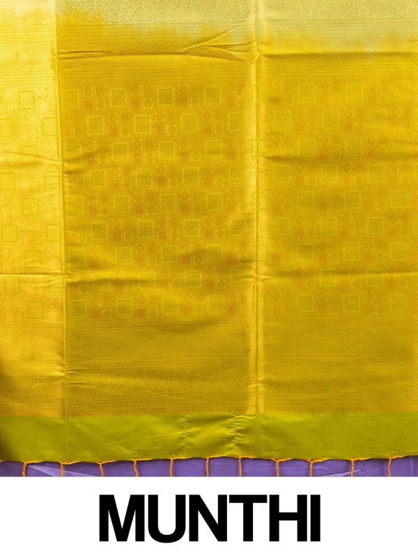 Lavender semi silk saree with contrast lime-green gold zari border and pallu