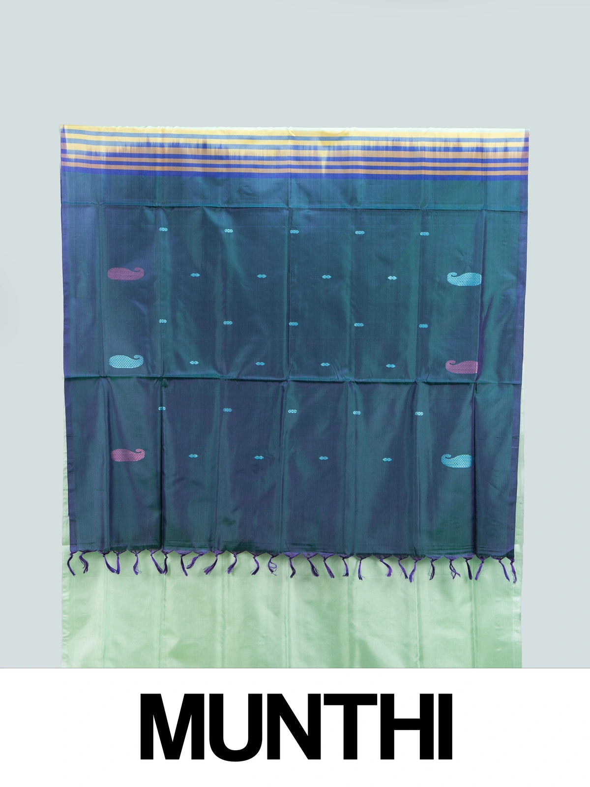 Mint green and blue Banana Silk saree with paisley buttas, contrast pallu and striped border