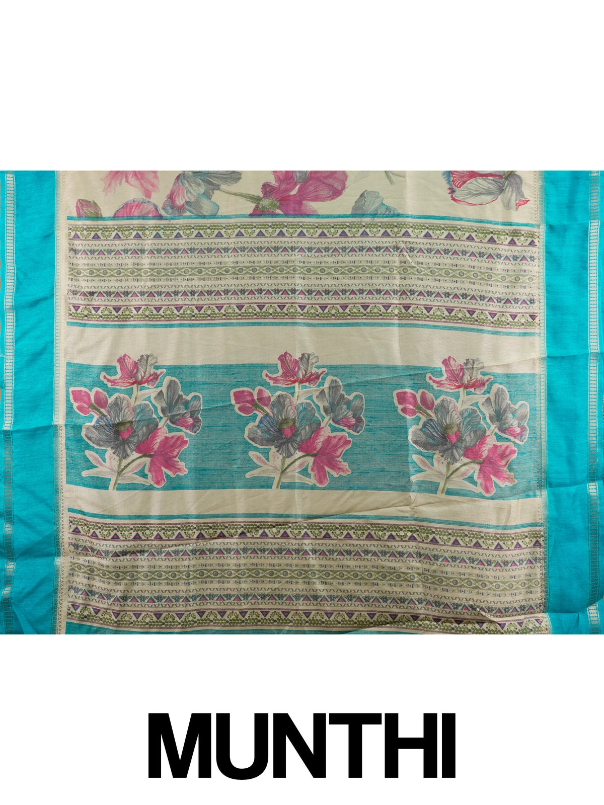 Beige Dola silk saree with pink and blue floral print and contrast teal zari border