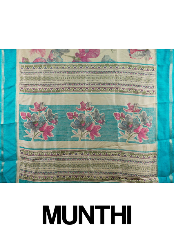Beige Dola silk saree with pink and blue floral print and contrast teal zari border