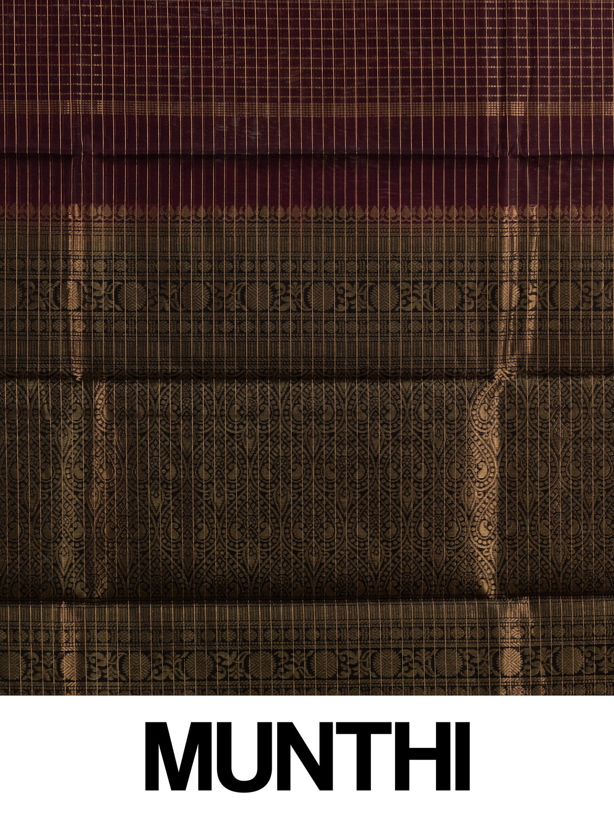 Maroon pure silk cotton saree with gold zari checks and contrast black temple border