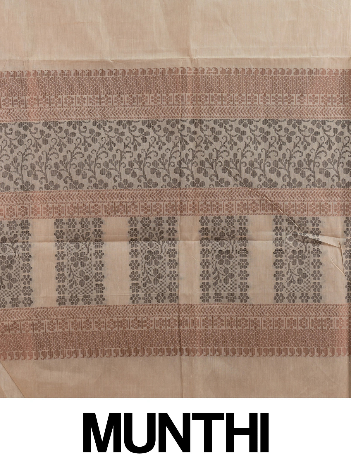 Beige silk cotton saree with grey contrast border and woven floral motifs