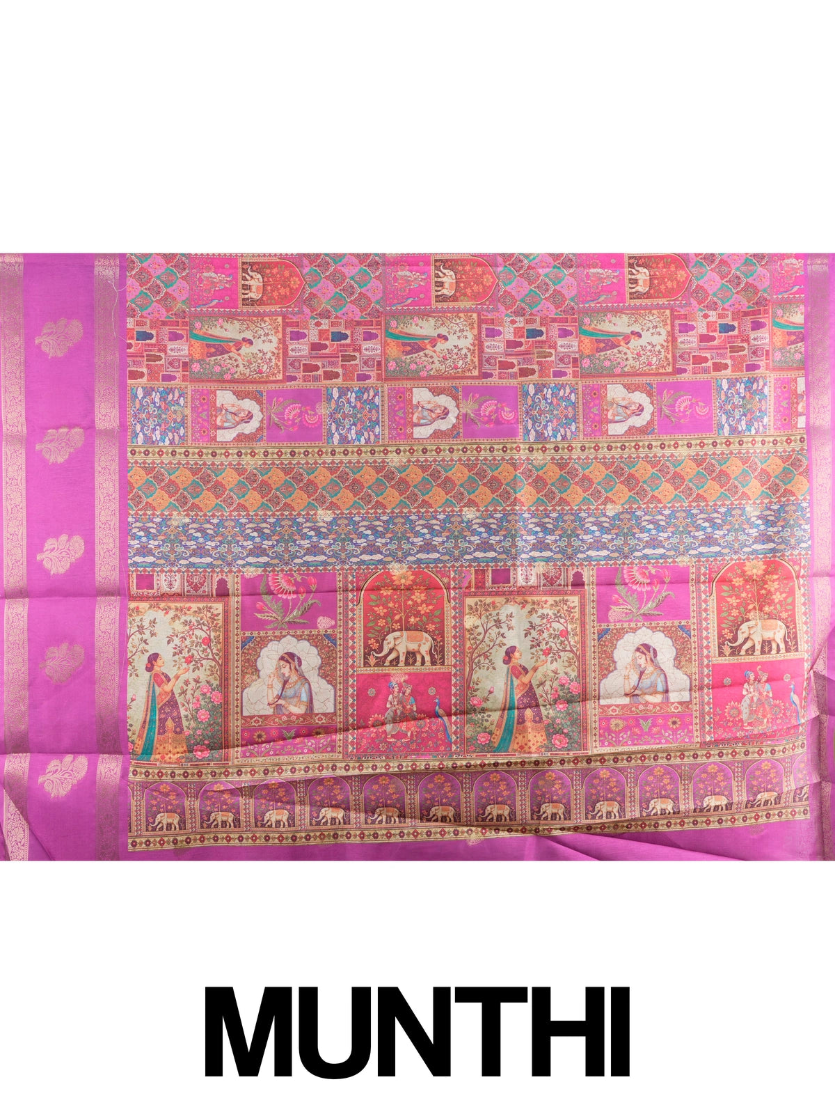 Magenta pink Dola silk saree with Mughal patchwork print and gold zari border