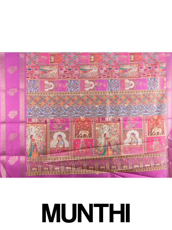 Magenta pink Dola silk saree with Mughal patchwork print and gold zari border