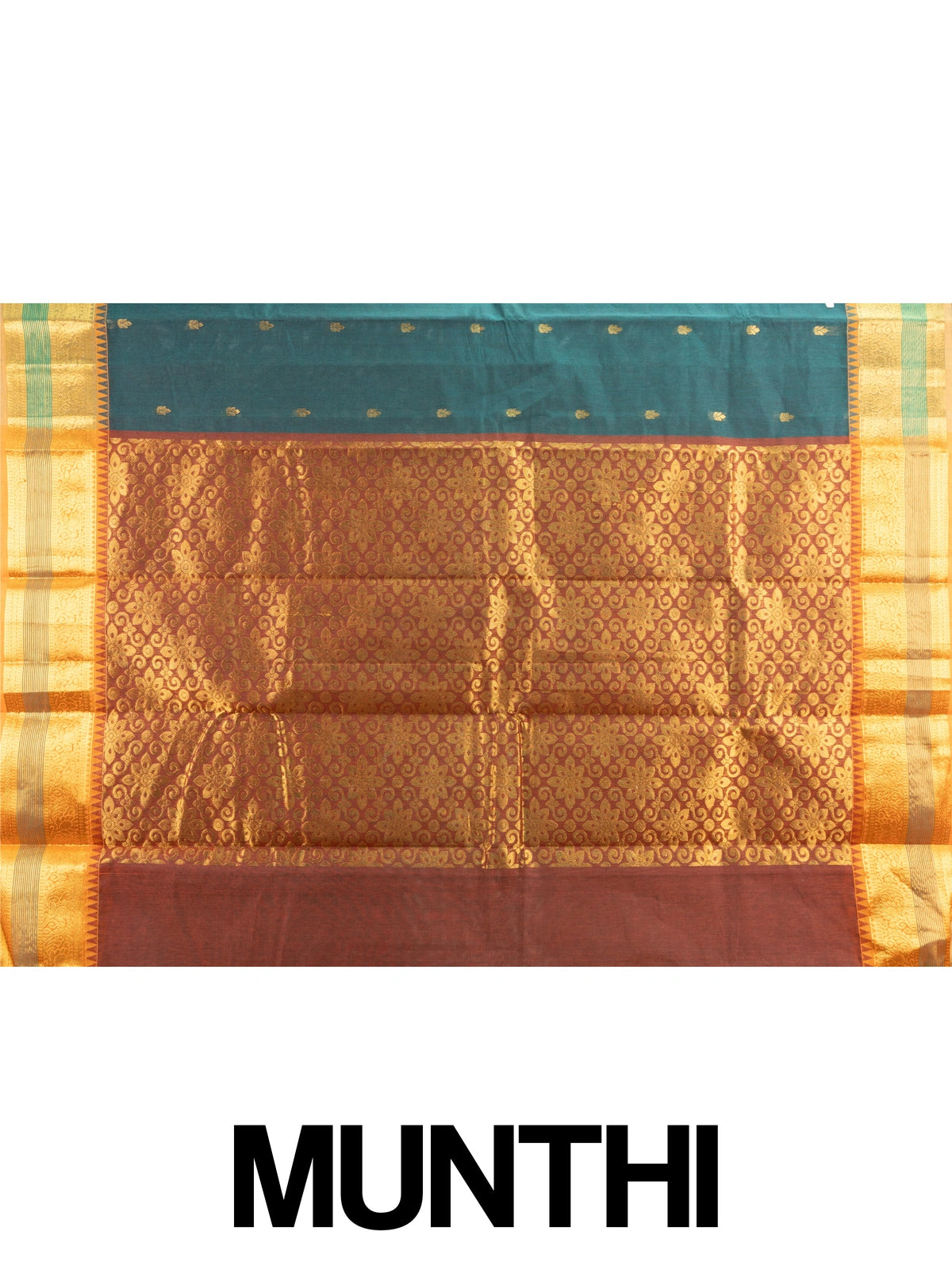 Teal green Chettinad cotton saree with gold zari buttas, temple border and contrast maroon zari pallu