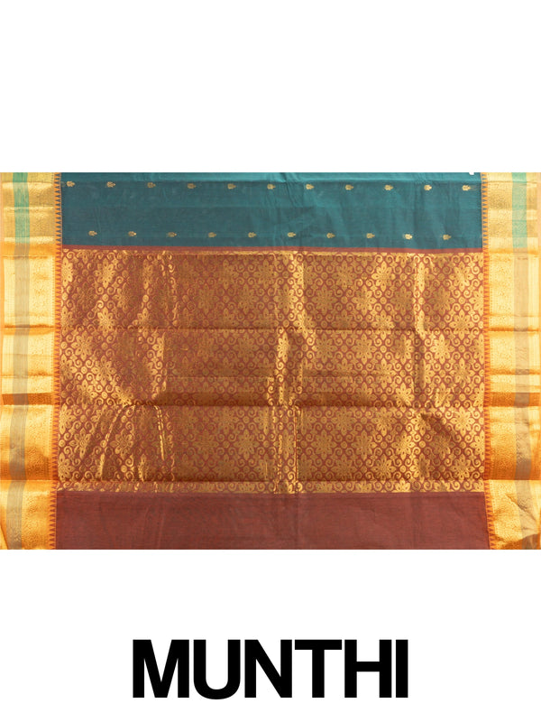 Teal green Chettinad cotton saree with gold zari buttas, temple border and contrast maroon zari pallu