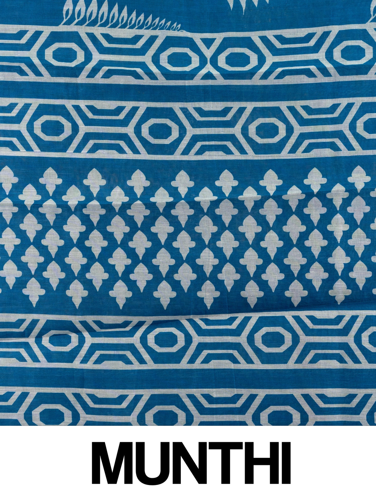 Peacock blue and white block printed linen cotton saree with geometric border and fern motifs