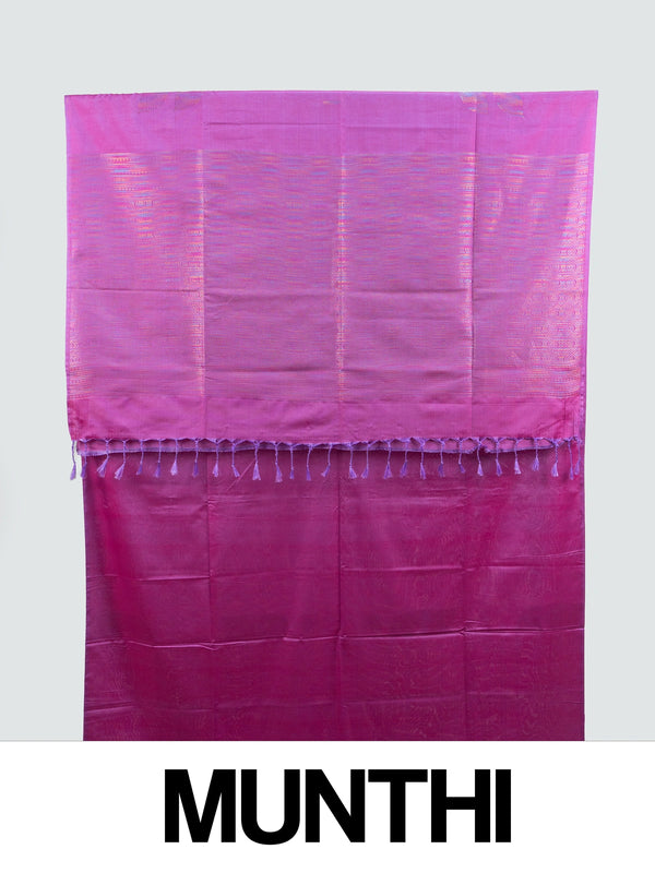 Magenta purple Kanchipuram Fancy Silk saree with multicolour zari buttas, contrast border and tasselled pallu