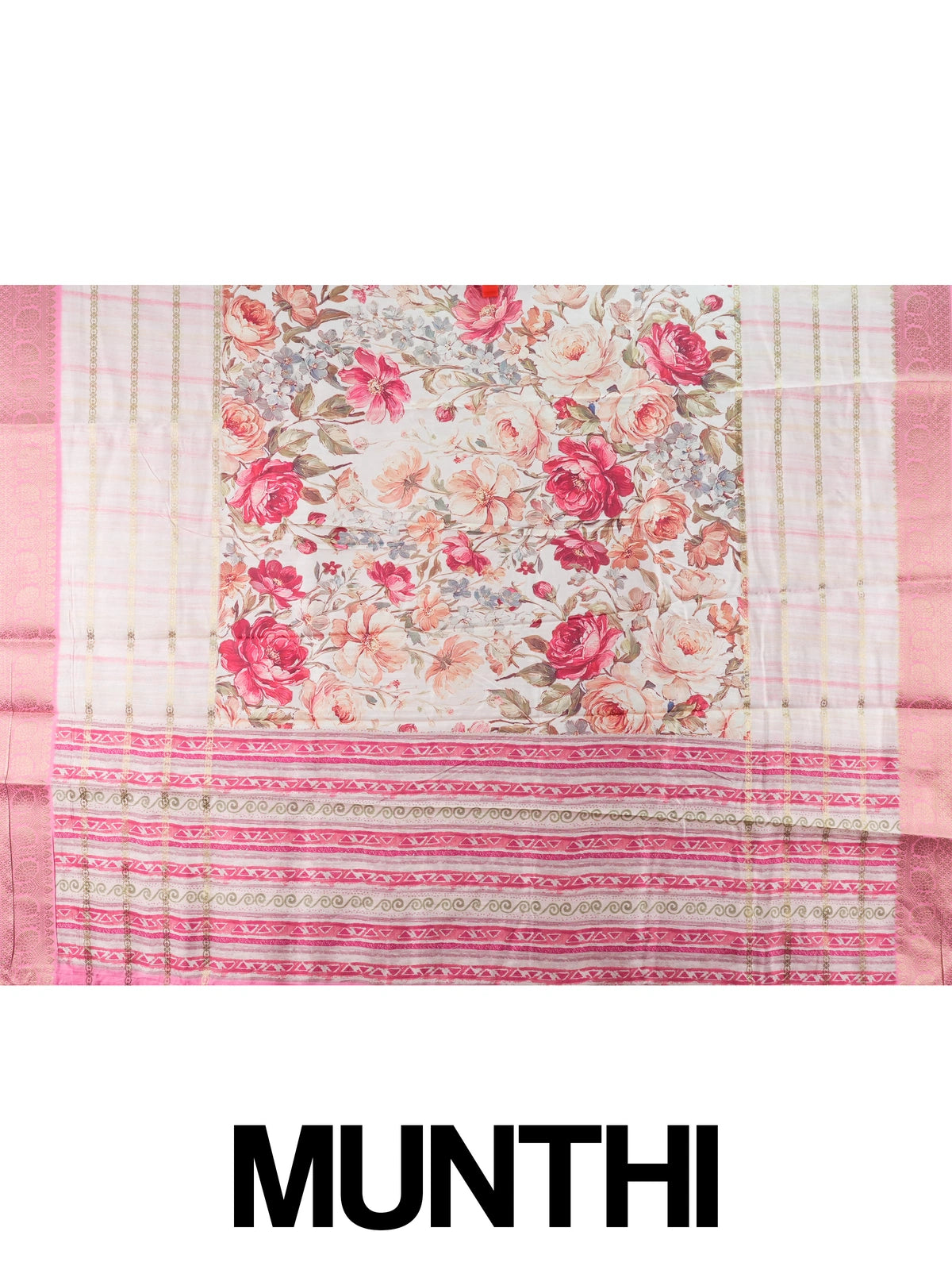 Off-white and pink floral semi tussar saree with gold zari stripes and contrast pink zari border