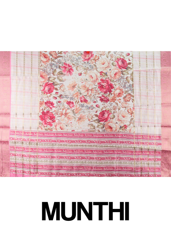 Off-white and pink floral semi tussar saree with gold zari stripes and contrast pink zari border