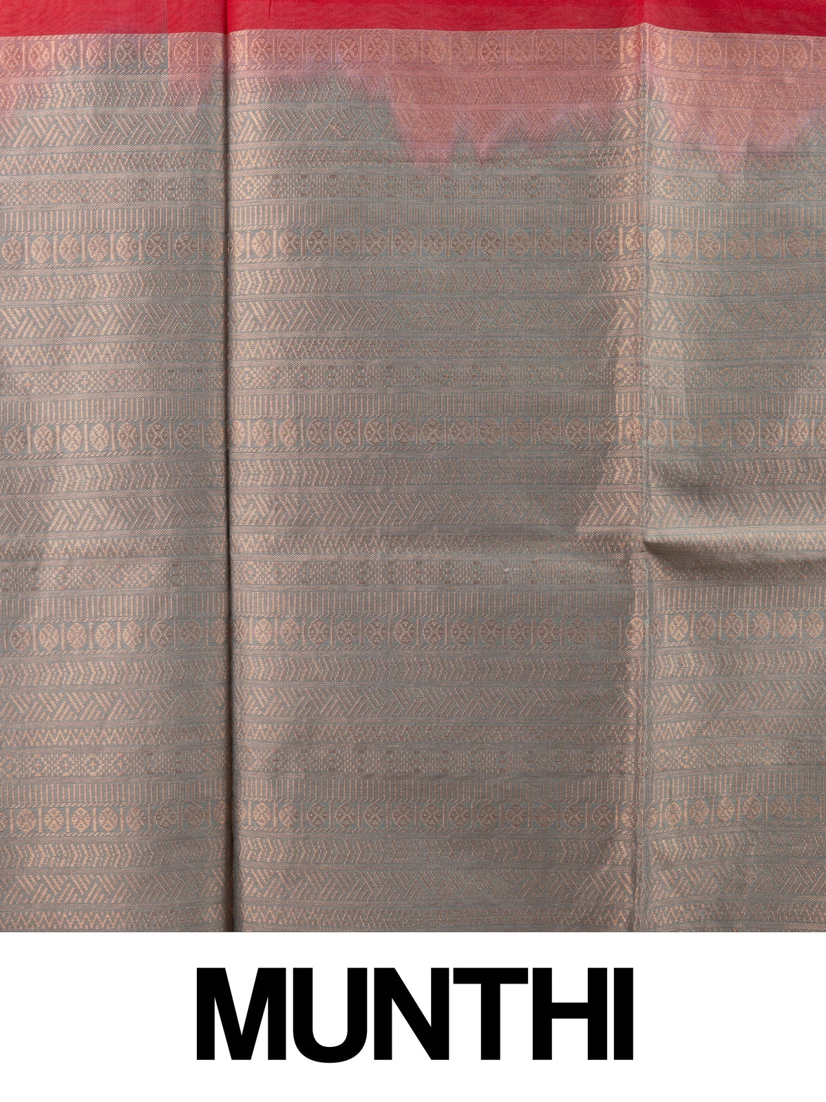 Red silk cotton saree with gold zari paisley buttas and contrast grey zari border and pallu