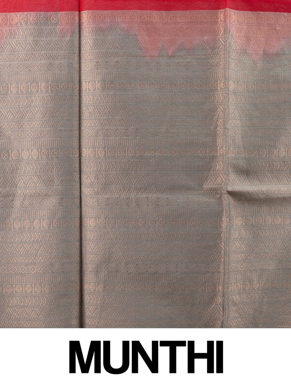 Red silk cotton saree with gold zari paisley buttas and contrast grey zari border and pallu