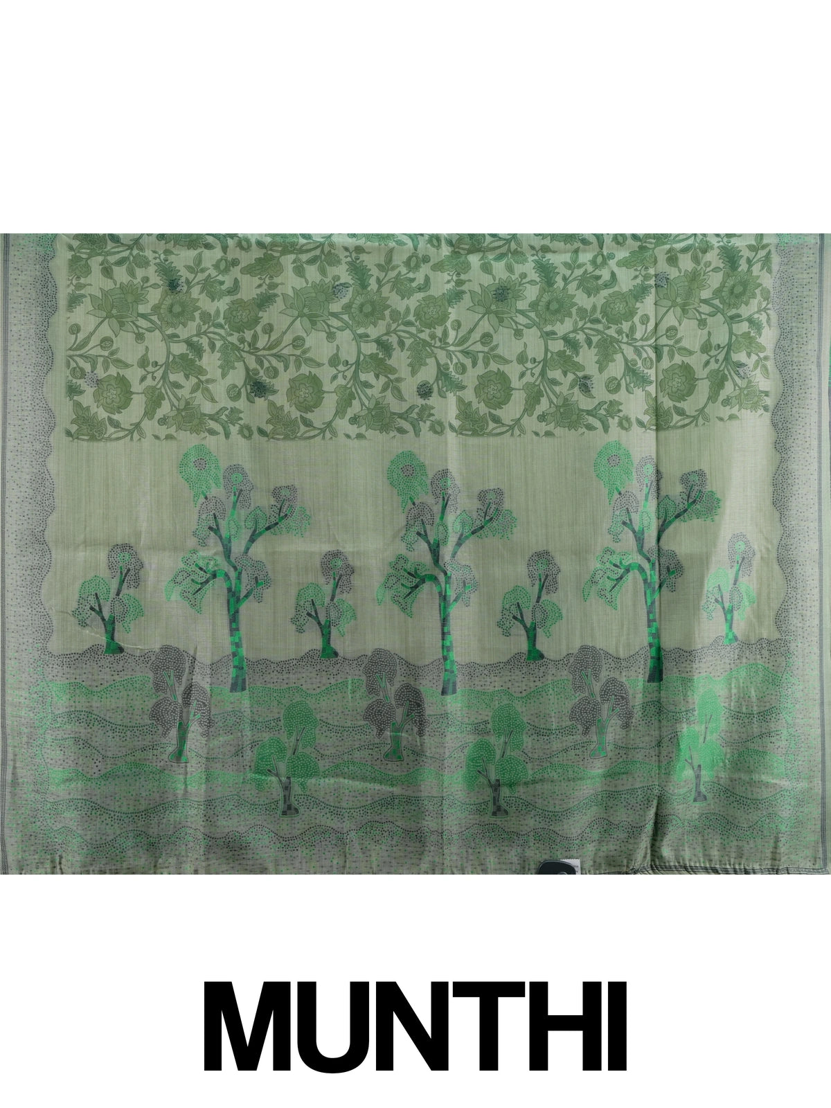 Sage green floral printed linen cotton saree with grey dotted border and tree-motif pallu