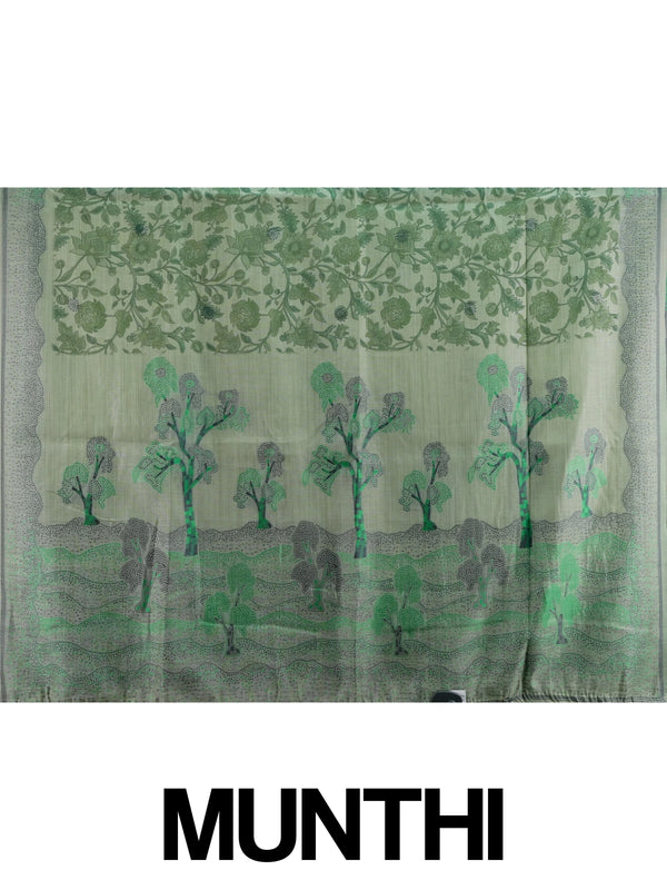 Sage green floral printed linen cotton saree with grey dotted border and tree-motif pallu