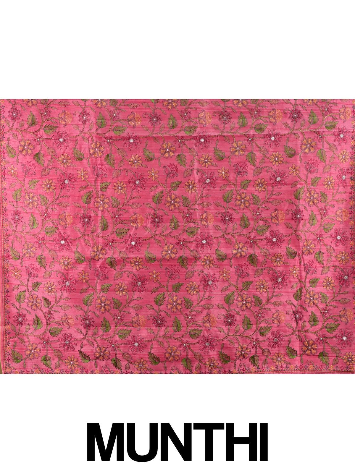 Pink semi tussar saree with multicoloured floral embroidery and contrast yellow blouse