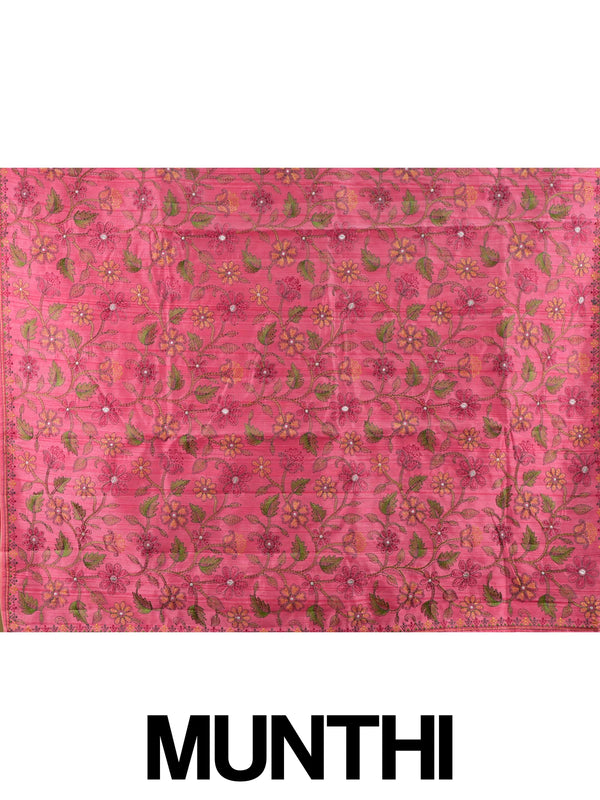 Pink semi tussar saree with multicoloured floral embroidery and contrast yellow blouse