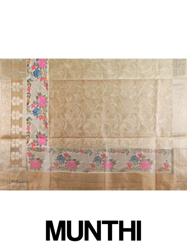 Beige and gold designer tissue saree with woven floral jaal and multicolour floral embroidery