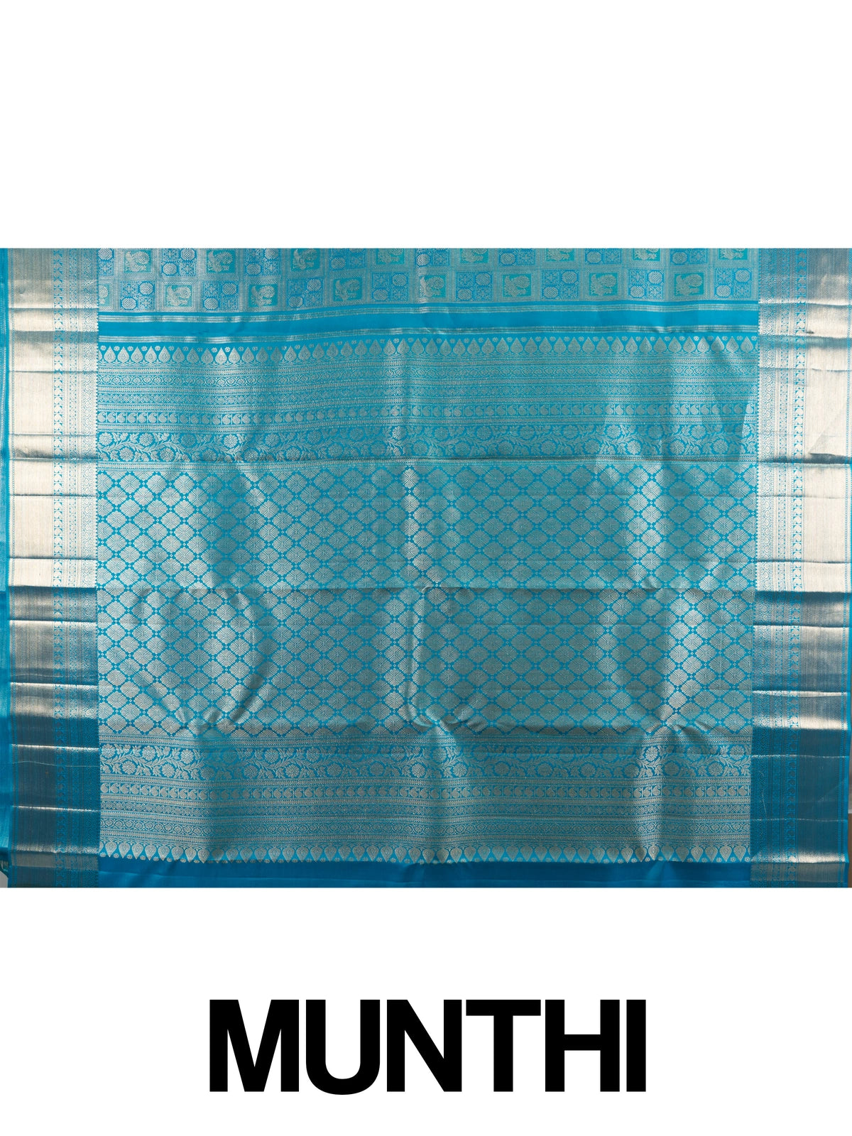 Peacock blue pure Kanchipuram silk saree with silver zari checkerboard motifs, broad zari border and jaali pallu