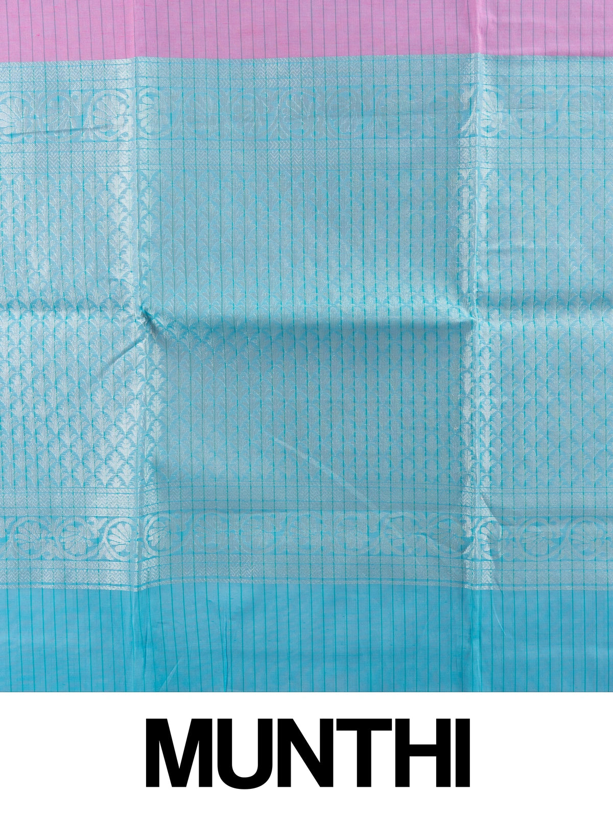 Pink silk cotton saree with silver zari buttas and contrast sky blue zari border and pallu