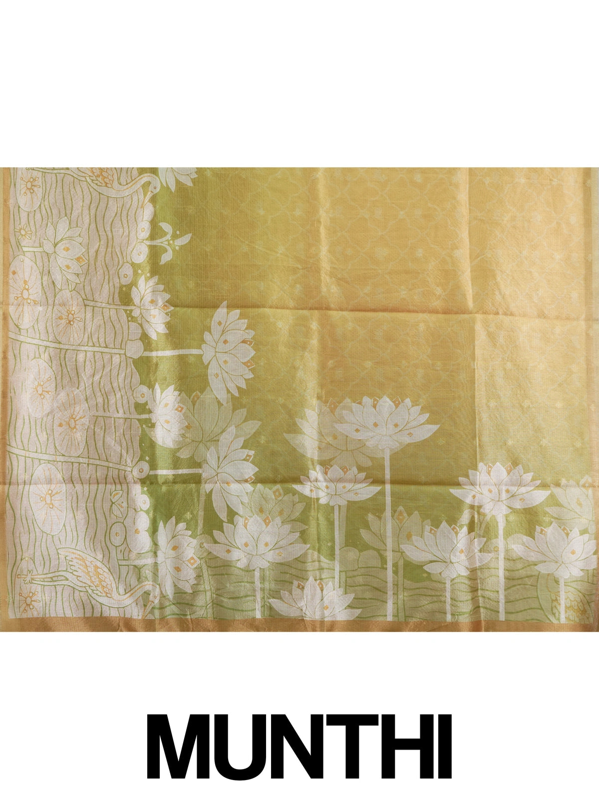 Mustard gold semi tussar saree with green lotus and crane printed pallu and gold zari border