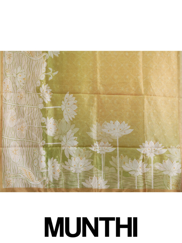Mustard gold semi tussar saree with green lotus and crane printed pallu and gold zari border